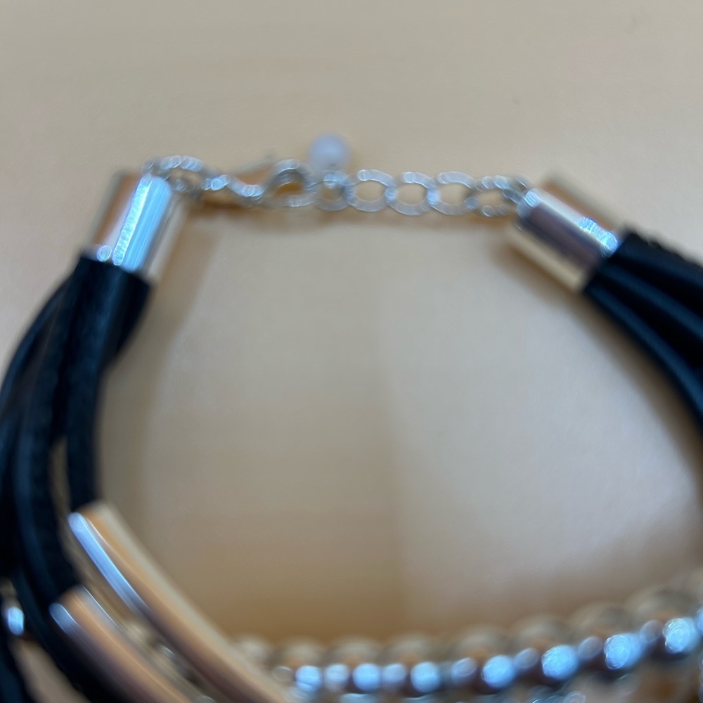 NWT Avon Layered Cords Black and Silver Necklace with Pearls and Crosses